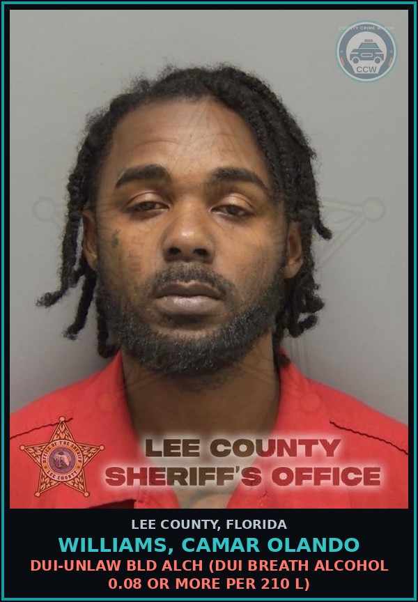 Booking mugshot of WILLIAMS, CAMAR OLANDO in Lee County