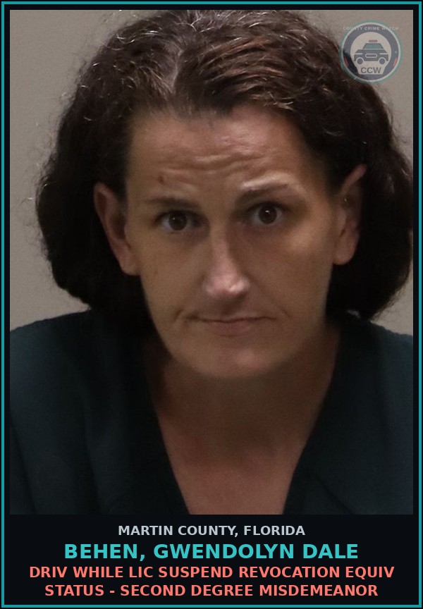 Booking mugshot of BEHEN, GWENDOLYN DALE in Martin County