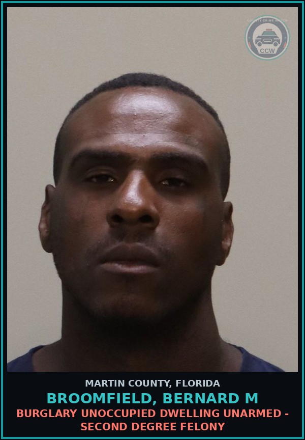 Booking mugshot of BROOMFIELD, BERNARD M in Martin County