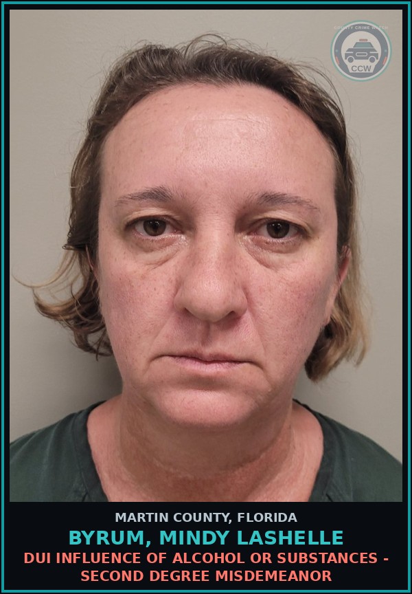 Booking mugshot of BYRUM, MINDY LASHELLE in Martin County