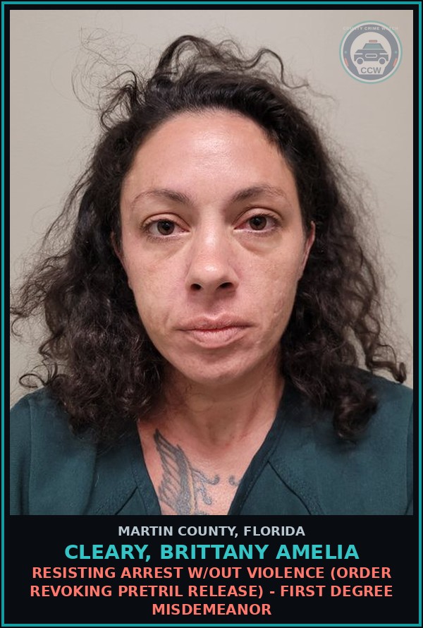 Booking mugshot of CLEARY, BRITTANY AMELIA in Martin County