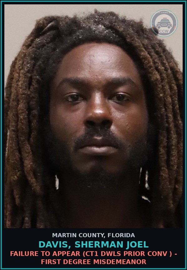 Booking mugshot of DAVIS, SHERMAN JOEL in Martin County