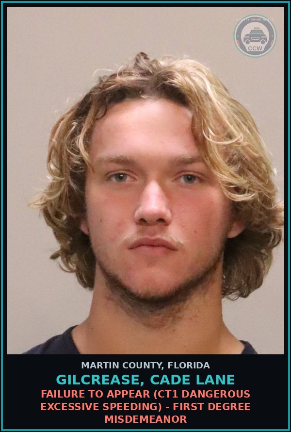 Booking mugshot of GILCREASE, CADE LANE in Martin County