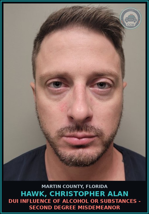 Booking mugshot of HAWK, CHRISTOPHER ALAN in Martin County