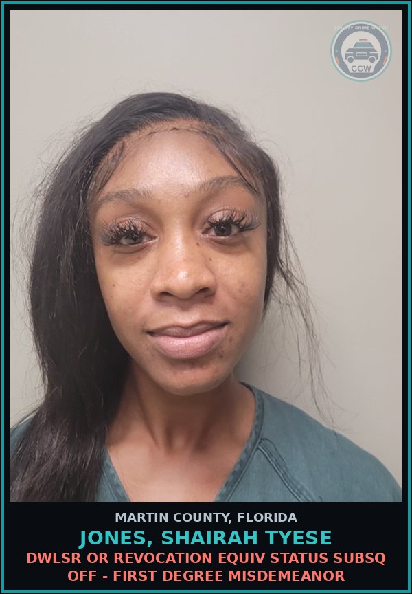 Booking mugshot of JONES, SHAIRAH TYESE in Martin County