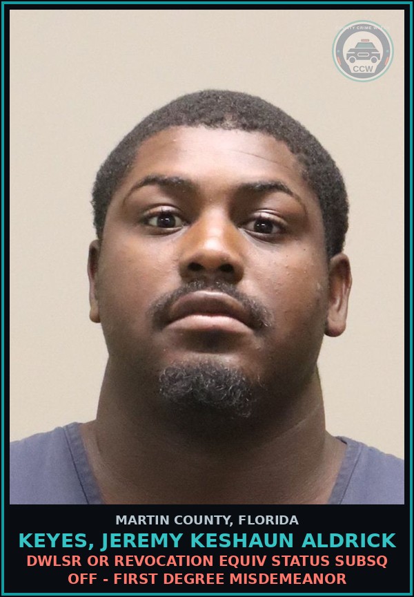 Booking mugshot of KEYES, JEREMY KESHAUN ALDRICK in Martin County