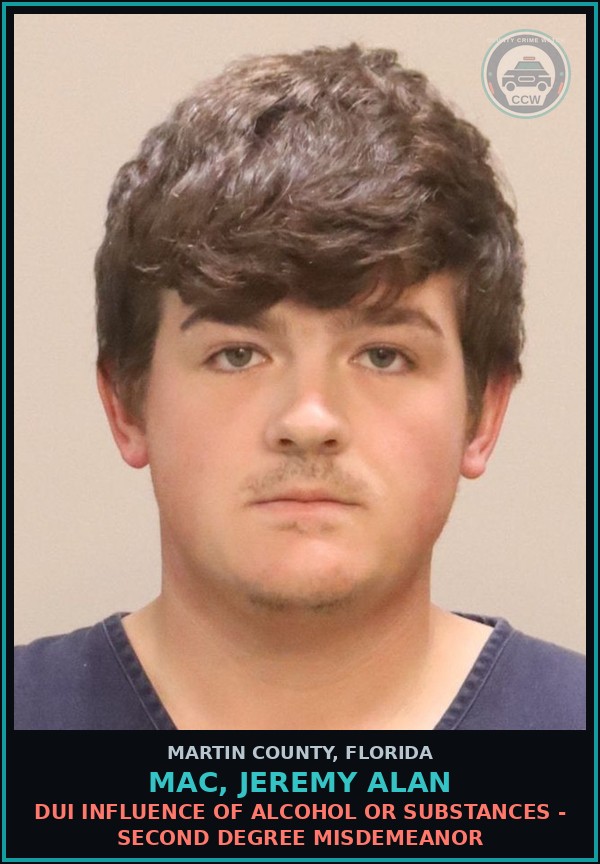 Booking mugshot of MAC, JEREMY ALAN in Martin County