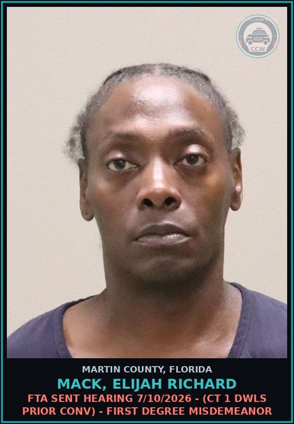 Booking mugshot of MACK, ELIJAH RICHARD in Martin County