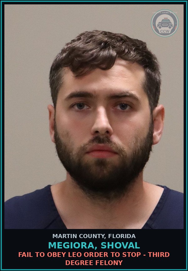 Booking mugshot of Megiora, Shoval in Martin County