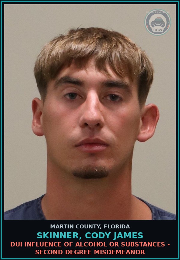 Booking mugshot of SKINNER, CODY JAMES in Martin County