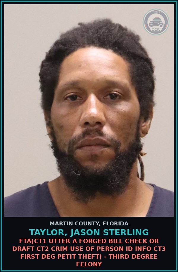 Booking mugshot of TAYLOR, JASON STERLING in Martin County