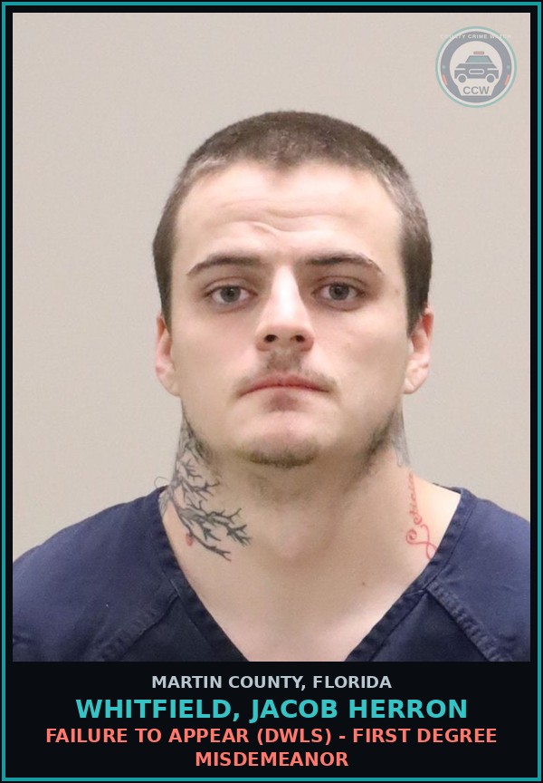 Booking mugshot of WHITFIELD, JACOB HERRON in Martin County