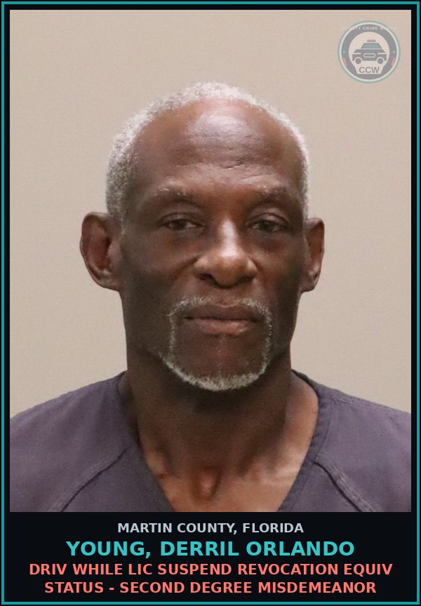 Booking mugshot of YOUNG, DERRIL ORLANDO in Martin County