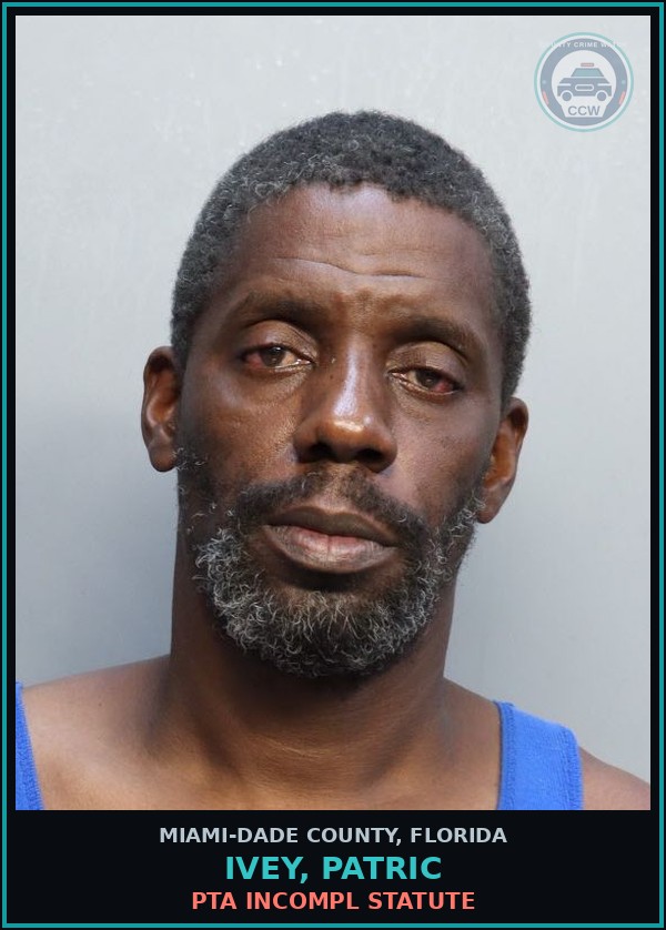 Booking mugshot of IVEY, PATRIC in Miami-Dade County
