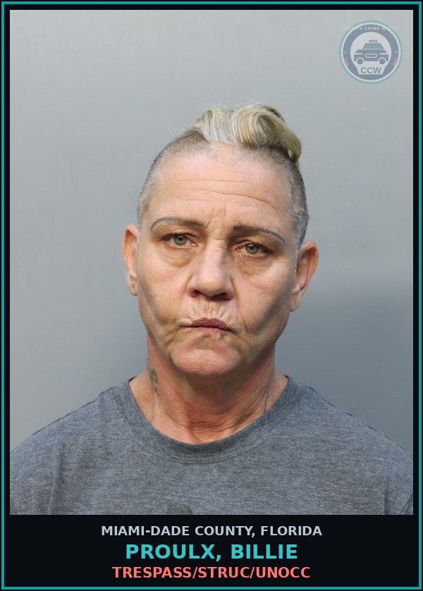 Booking mugshot of PROULX, BILLIE in Miami-Dade County