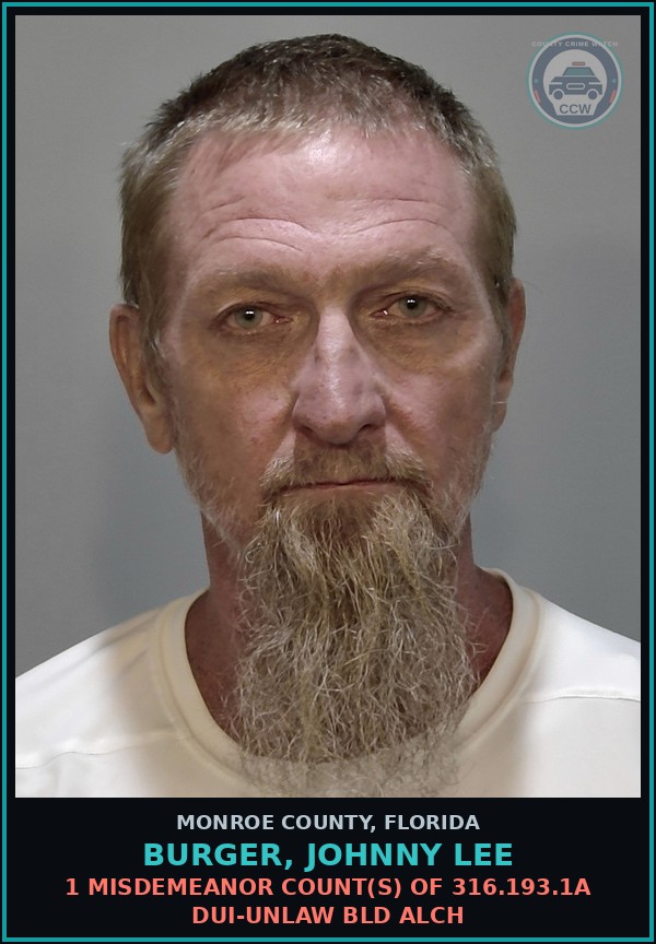 Booking mugshot of BURGER, JOHNNY LEE in Monroe County