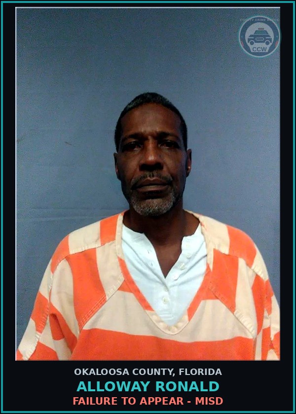 Booking mugshot of Alloway Ronald in Okaloosa County