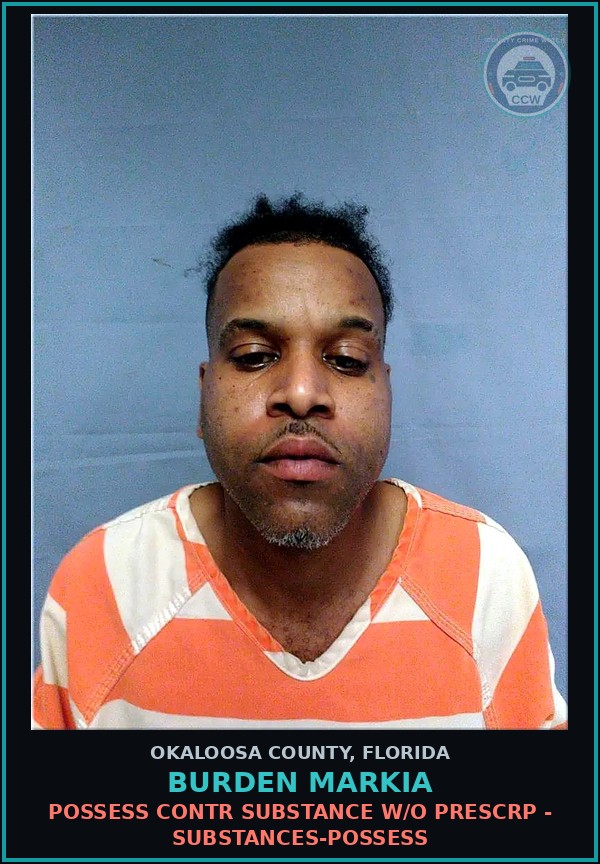Booking mugshot of Burden Markia in Okaloosa County