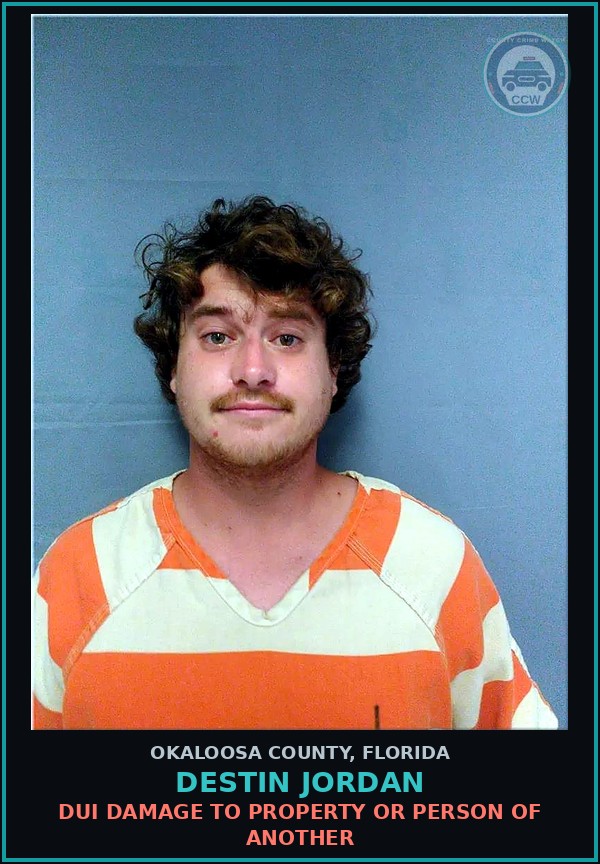 Booking mugshot of Destin Jordan in Okaloosa County