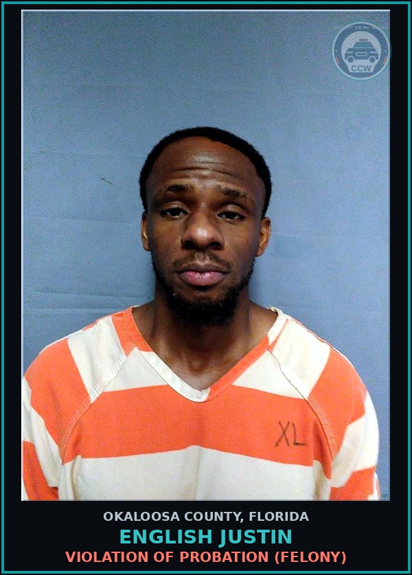 Booking mugshot of English Justin in Okaloosa County