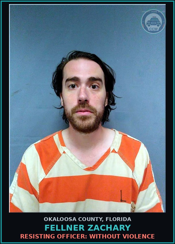 Booking mugshot of Fellner Zachary in Okaloosa County