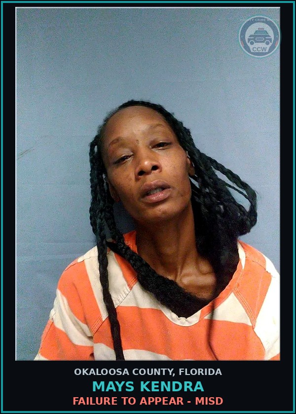 Booking mugshot of Mays Kendra in Okaloosa County