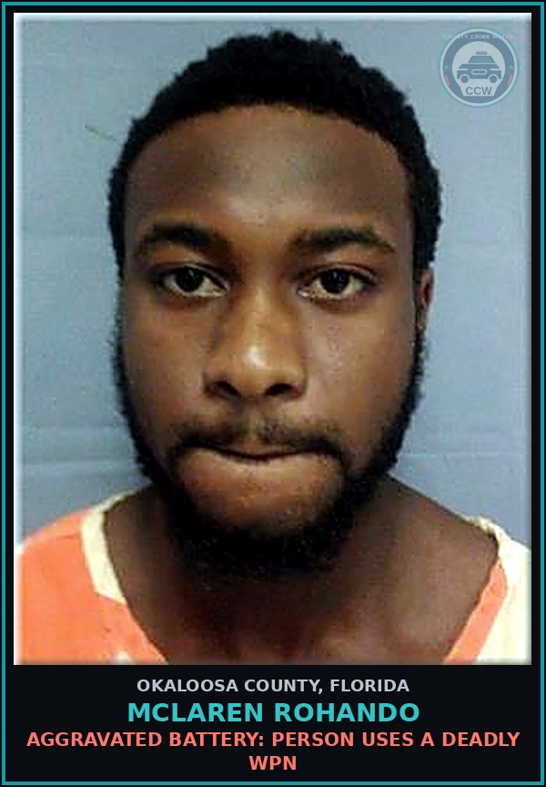 Booking mugshot of Mclaren Rohando in Okaloosa County