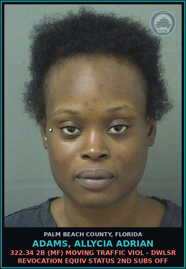 Booking mugshot of ADAMS, ALLYCIA ADRIAN in Palm Beach County