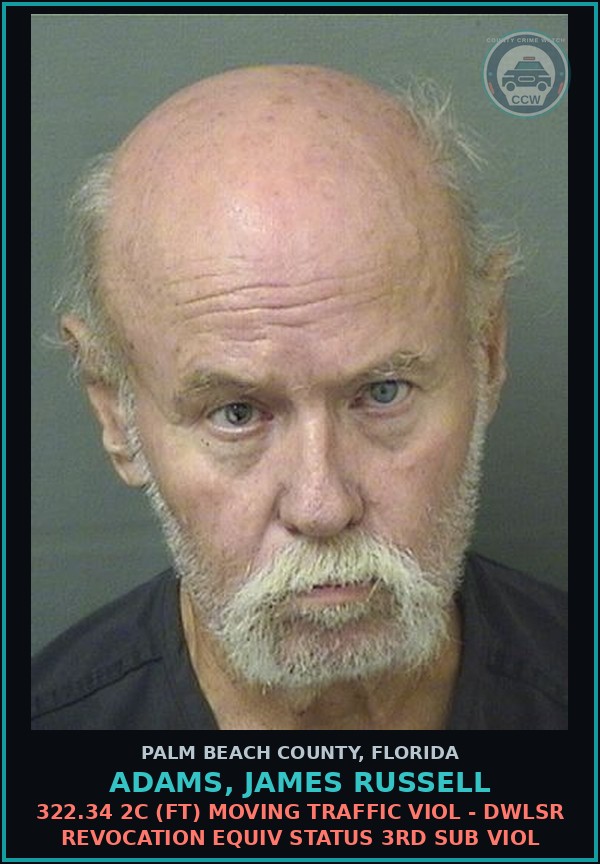 Booking mugshot of ADAMS, JAMES RUSSELL in Palm Beach County