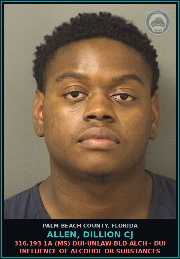Booking mugshot of ALLEN, DILLION CJ in Palm Beach County