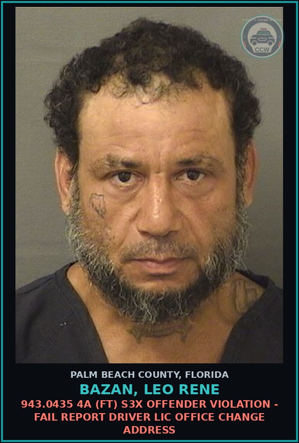 Booking mugshot of BAZAN, LEO RENE in Palm Beach County