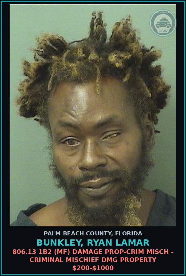 Booking mugshot of BUNKLEY, RYAN LAMAR in Palm Beach County