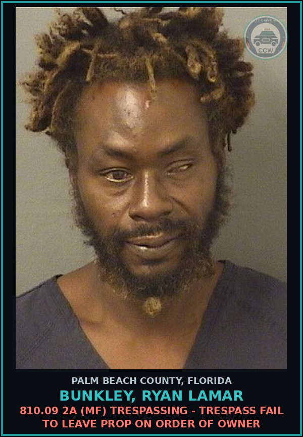 Booking mugshot of BUNKLEY, RYAN LAMAR in Palm Beach County