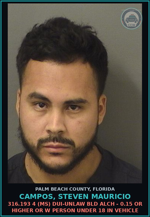 Booking mugshot of CAMPOS, STEVEN MAURICIO in Palm Beach County