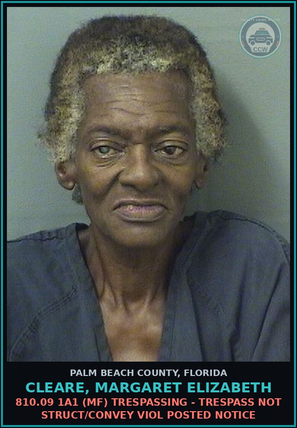 Booking mugshot of CLEARE, MARGARET ELIZABETH in Palm Beach County