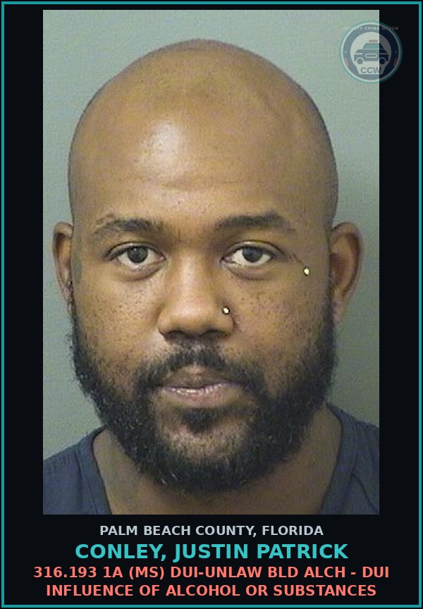Booking mugshot of CONLEY, JUSTIN PATRICK in Palm Beach County