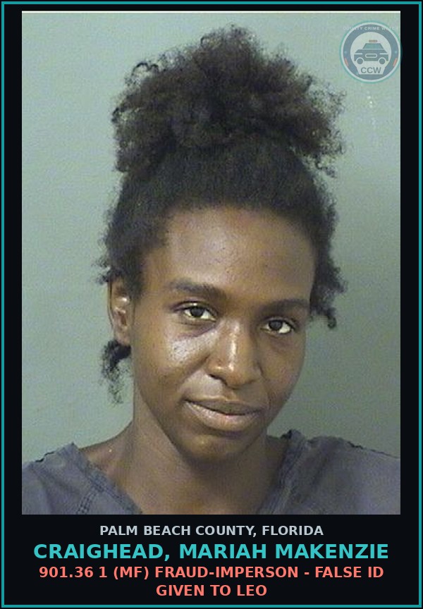 Booking mugshot of CRAIGHEAD, MARIAH MAKENZIE in Palm Beach County
