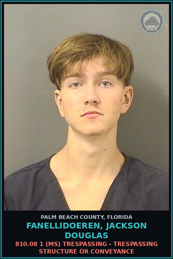 Booking mugshot of FANELLIDOEREN, JACKSON DOUGLAS in Palm Beach County