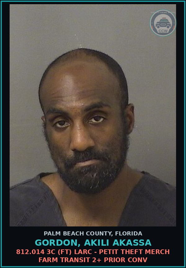 Booking mugshot of GORDON, AKILI AKASSA in Palm Beach County