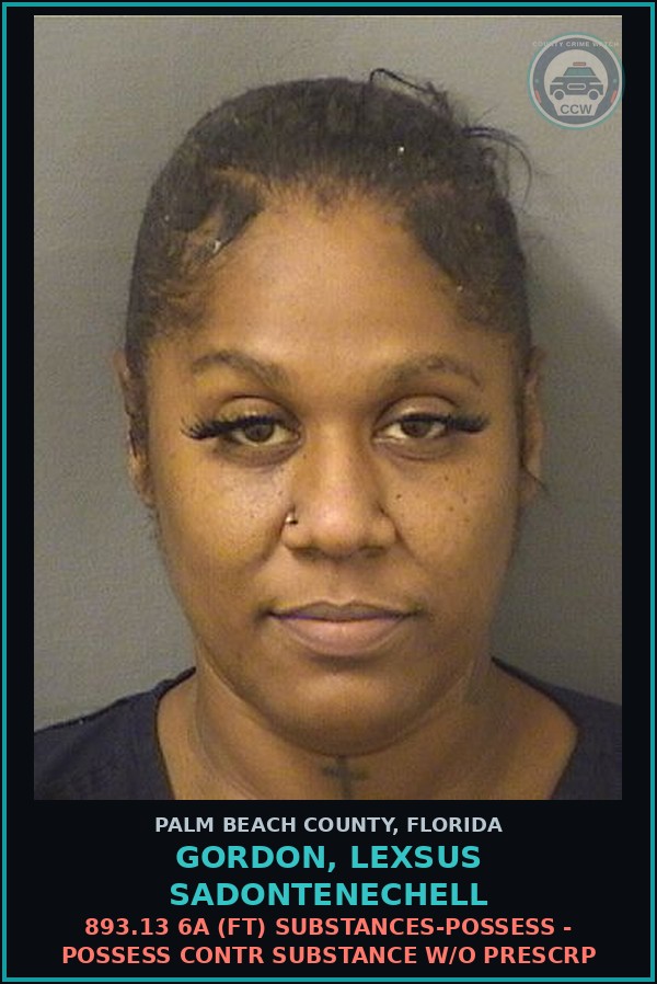 Booking mugshot of GORDON, LEXSUS SADONTENECHELL in Palm Beach County