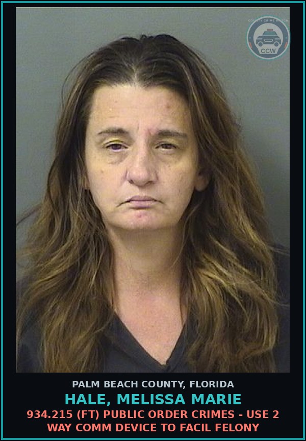 Booking mugshot of HALE, MELISSA MARIE in Palm Beach County