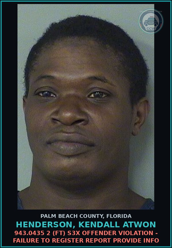 Booking mugshot of HENDERSON, KENDALL ATWON in Palm Beach County