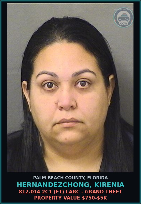 Booking mugshot of HERNANDEZCHONG, KIRENIA in Palm Beach County
