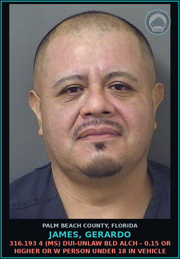 Booking mugshot of JAMES, GERARDO in Palm Beach County