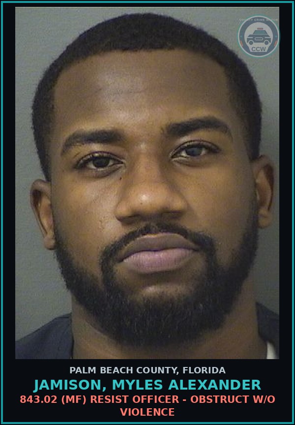 Booking mugshot of JAMISON, MYLES ALEXANDER in Palm Beach County