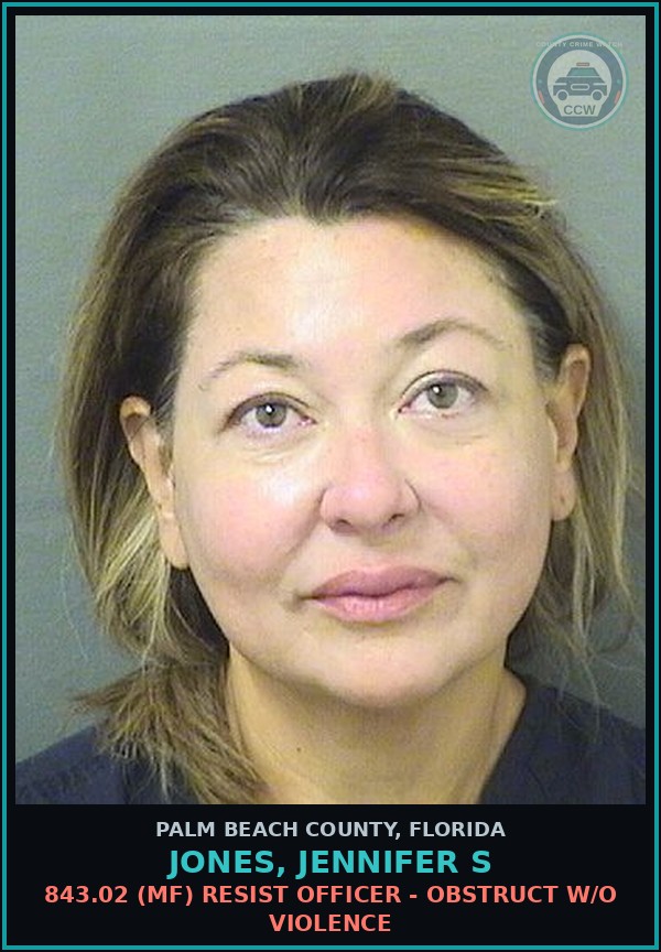 Booking mugshot of JONES, JENNIFER S in Palm Beach County