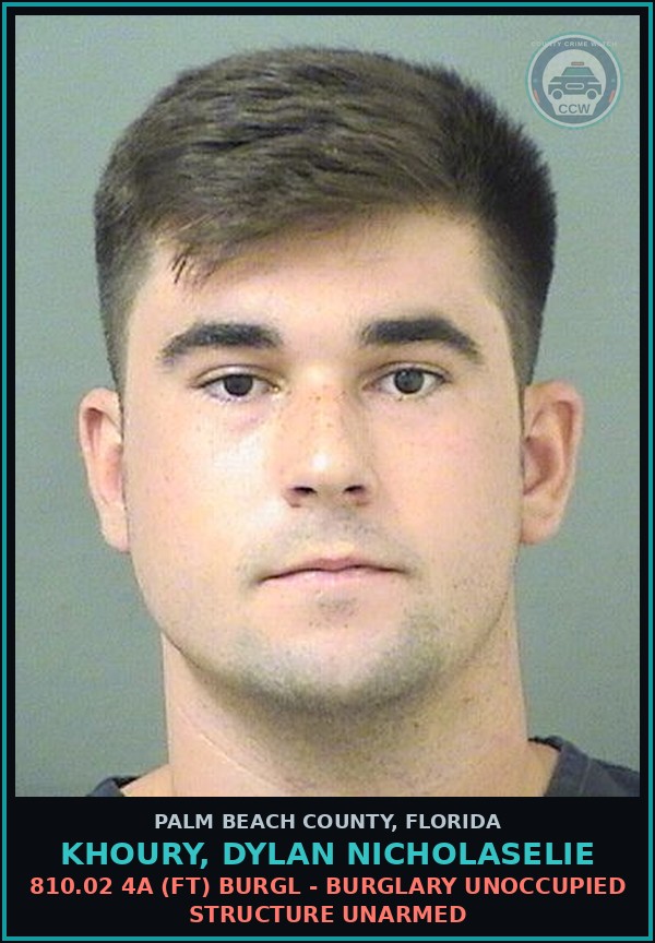 Booking mugshot of KHOURY, DYLAN NICHOLASELIE in Palm Beach County