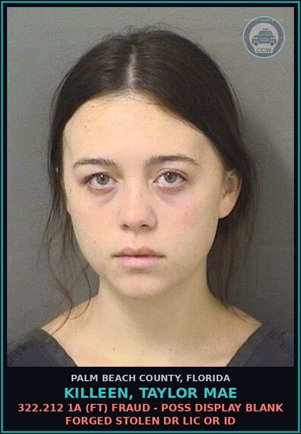 Booking mugshot of KILLEEN, TAYLOR MAE in Palm Beach County