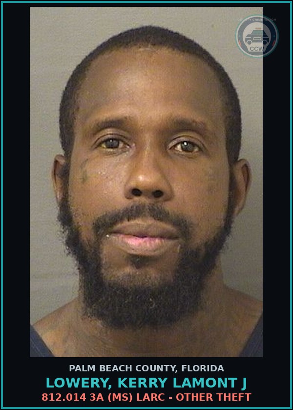 Booking mugshot of LOWERY, KERRY LAMONT J in Palm Beach County