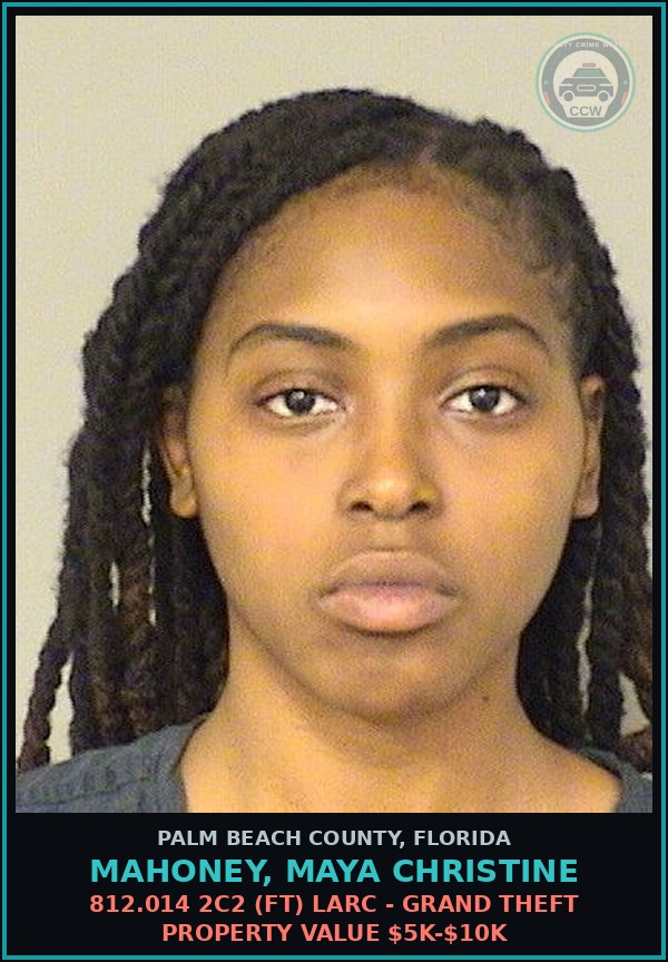 Booking mugshot of MAHONEY, MAYA CHRISTINE in Palm Beach County